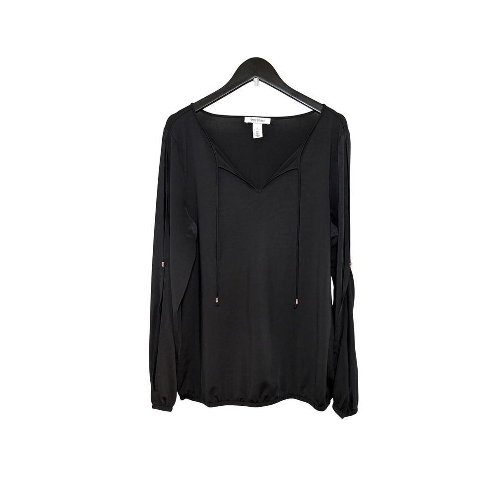 WHBM Womens L Black Tie Neck Long Sleeve Blouse Stretch Pullover Top